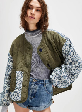 Splicing cotton clothing欧美跨境秋冬绗棉印花拼接纽扣轻质棉衣