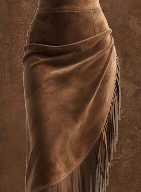 Suede skirt欧美新款女士复古西部流苏下摆不规则仿麂皮绒半身裙