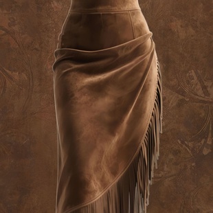 Suede skirt欧美新款女士复古西部流苏下摆不规则仿麂皮绒半身裙