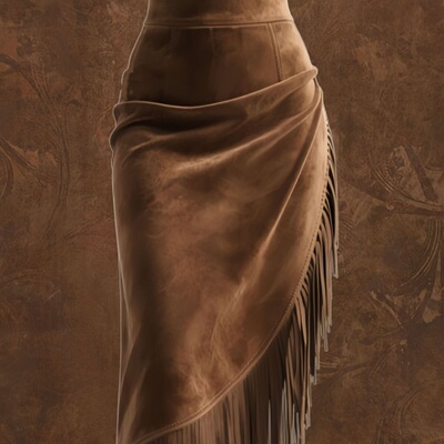 欧美复古仿麂皮绒流苏半身裙