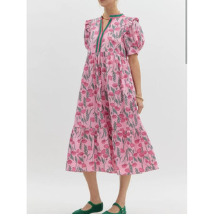 女玫瑰印花泡泡短袖 Rose dress欧美跨境2026夏季 新款 连衣裙 中长款