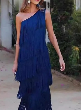 Choker evening gown新款外贸女时尚流苏斜肩不对称连衣裙晚礼服