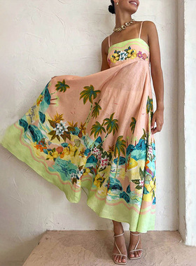 Camisole dress2024夏季新款女装优雅吊带印花休闲时尚中长连衣裙