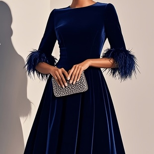 Velvet dress秋冬女气质优雅圆领羽毛半袖高腰a字大摆丝绒连衣裙