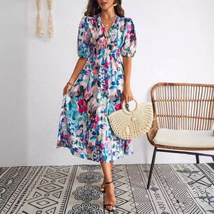 Elegant printed dress2025夏季欧美女时尚V领优雅气质印花连衣裙