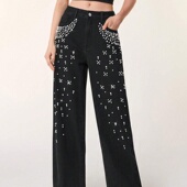 钉珠直筒长裤 Slimming jeans欧美热销秋冬女士休闲宽松显瘦牛仔裤