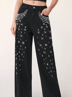 Slimming jeans欧美热销秋冬女士休闲宽松显瘦牛仔裤钉珠直筒长裤