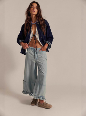 Loose-fitting nine-inch jeans秋季新款阔腿花边宽松九分牛仔裤