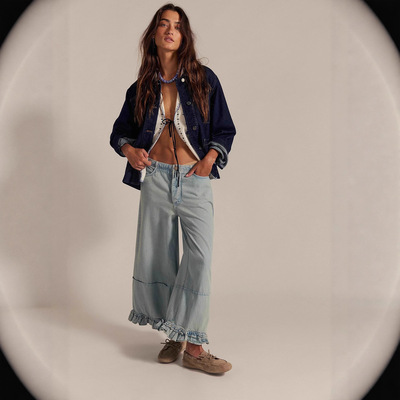 Loose-fitting nine-inch jeans秋季新款阔腿花边宽松九分牛仔裤