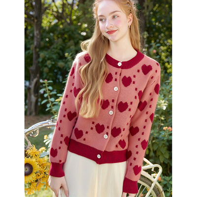 秋冬爱心拼色宽松针织开衫女