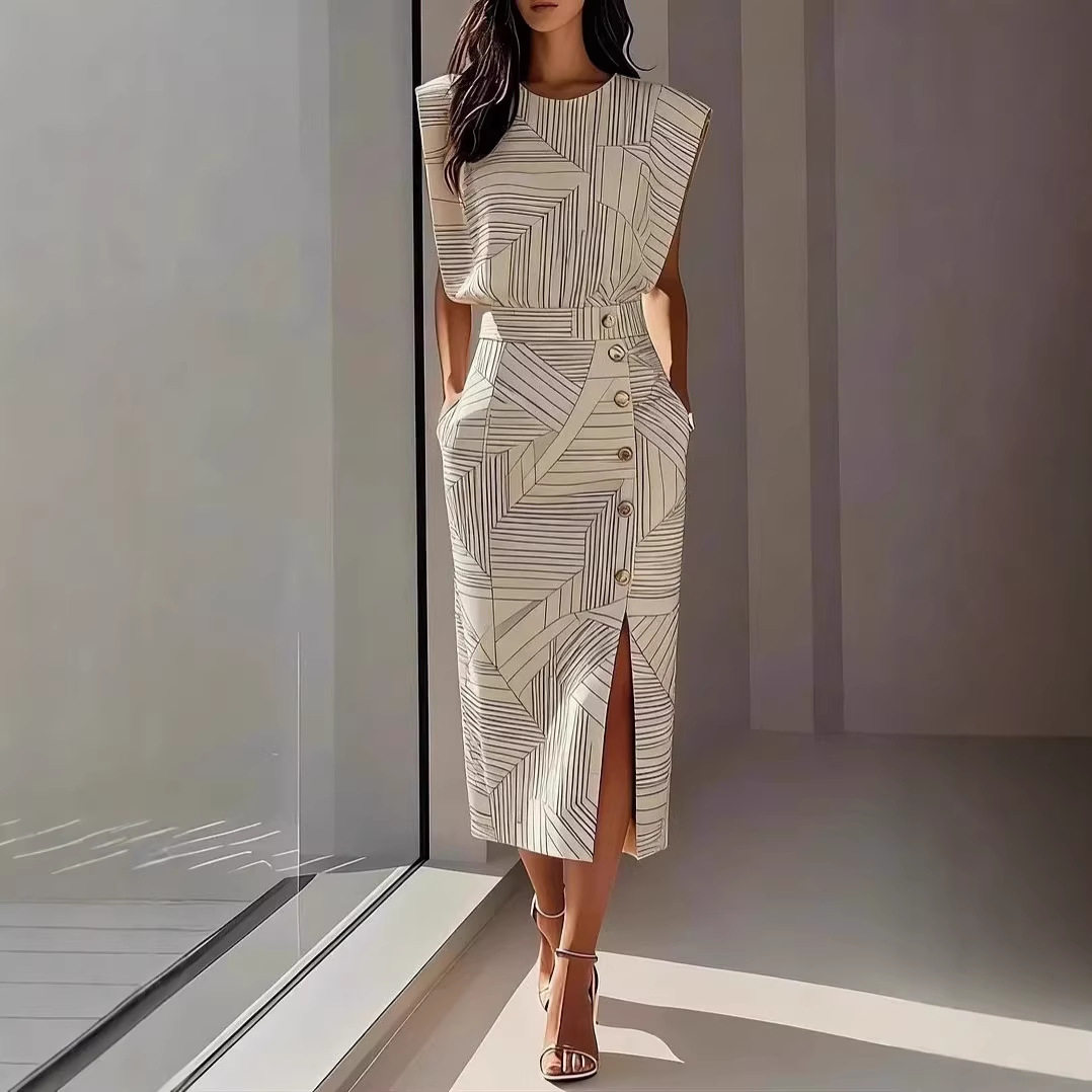 Split long skirt set欧美26新款时尚女印花无袖上衣开叉长裙套装 - 实物图