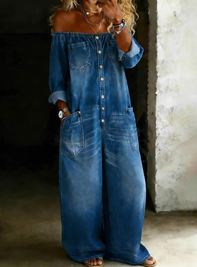 Off shoulder jumpsuit春款女欧美时尚性感露肩洗水仿牛仔连体裤