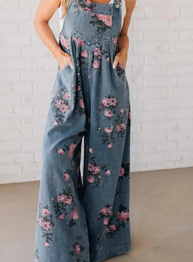 Casual jumpsuit2025欧美女装爆款时尚印花休闲连体裤无袖背带裤