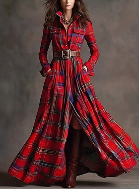 2026春季新款欧美跨境女装 时尚休闲优雅通勤印花翻领修身连衣裙