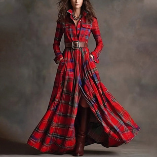 休闲优雅通勤印花翻领修身 2026春季 时尚 欧美跨境女装 连衣裙 新款