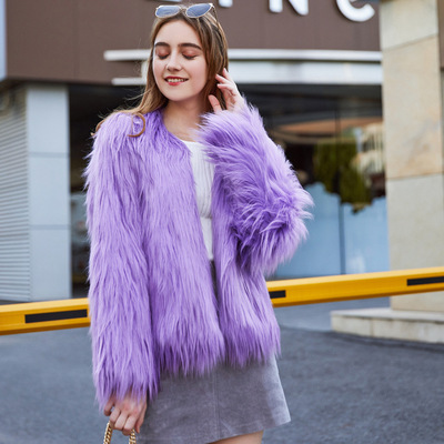 Short imitation fur coat秋冬女仿皮草纯色水洗毛长毛毛短款外套