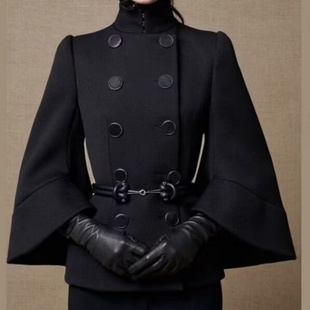 女纯色双排扣立领蝙蝠袖 jacket2025欧美秋冬新款 外套 sleeve Bat