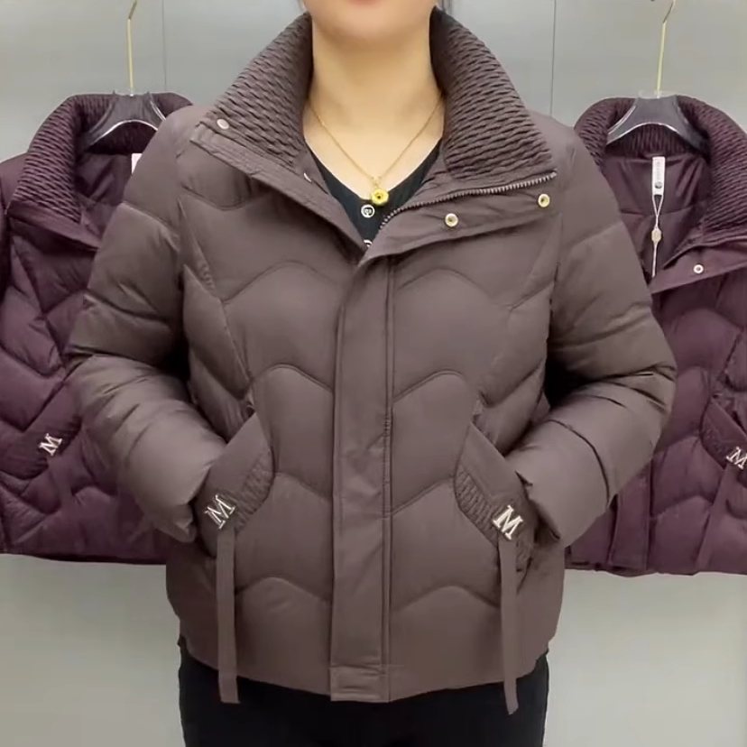 新款纯色M标翻领短款棉服女防寒保暖棉袄休闲通勤中老年妈妈外套