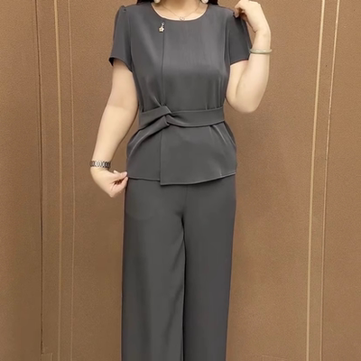 新款夏季净版圆领收腰短袖阔腿裤两件套遮肉显瘦时尚妈妈夏套装