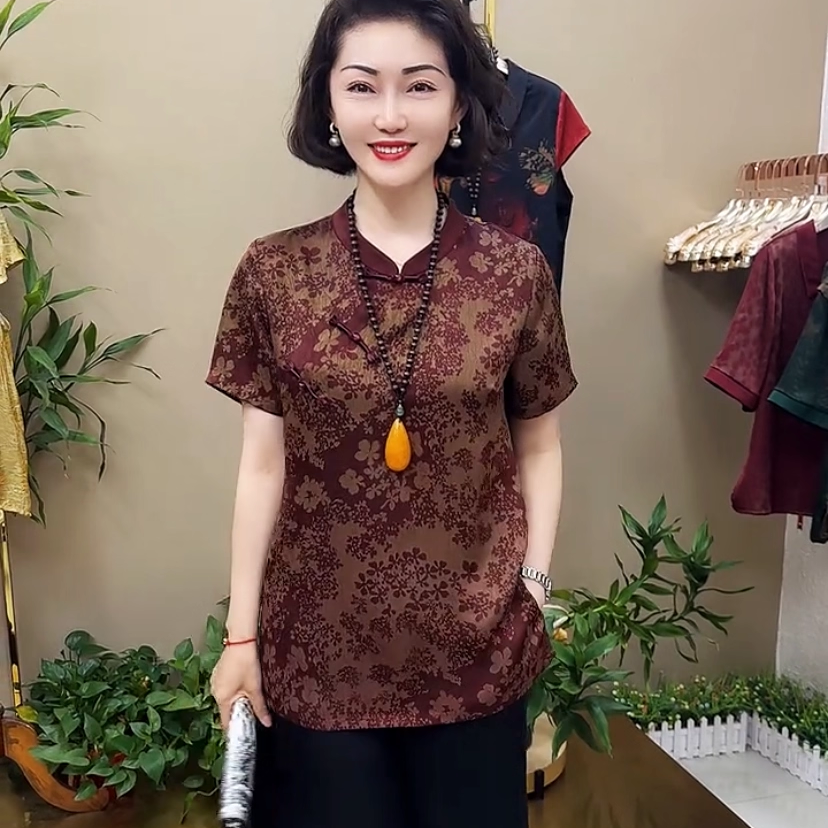 新款盘扣印花中长款旗袍领小衫遮肉显瘦上衣女时尚复古中老年女装