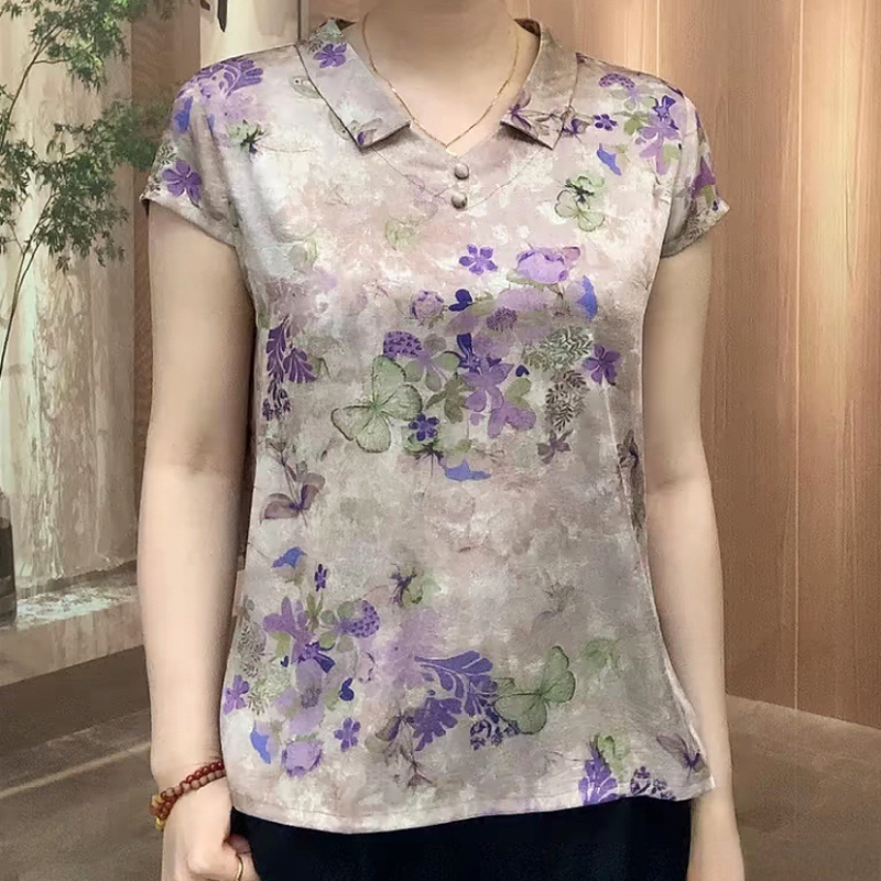 夏季新中式蝴蝶印花二扣翻领小衫宽松遮肉上衣女时尚中老年女装