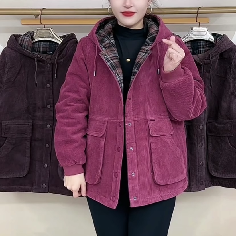 冬季新款格子拼接帽款条绒棉衣外套女防寒保暖休闲通勤妈妈外套