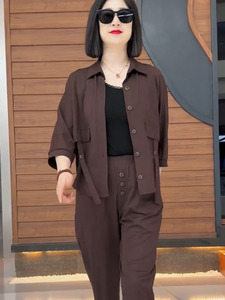 夏季新款时尚翻领纯色洋气套装上衣加裤子两件套薄款年轻妈妈装