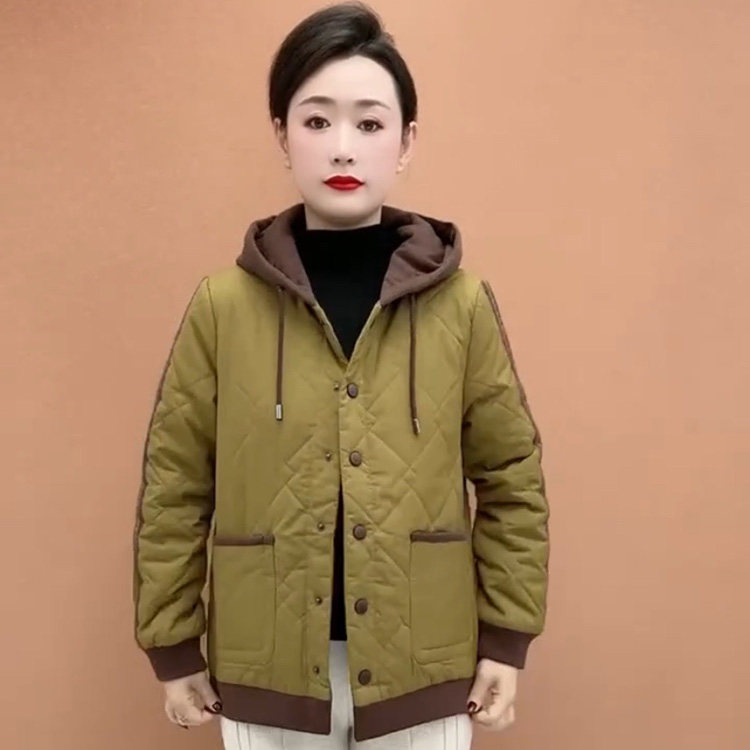 冬季新款连帽纯色双兜外套二棉袄时尚百搭复古棉衣通勤中老年女装