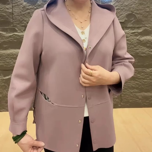 春秋款纯色连帽短款风衣外套宽松显瘦上衣女休闲百搭中老年女装