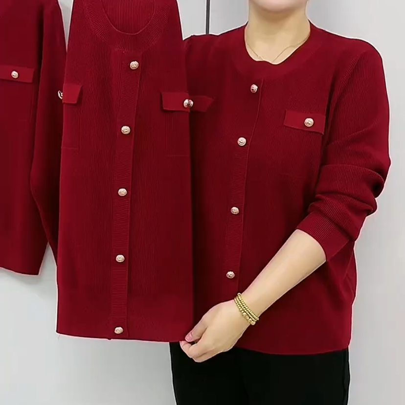 新款纯色纽扣假兜圆领针织衫遮肉显瘦毛衣女休闲百搭中老年女装