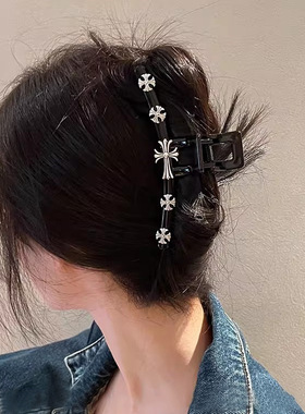 高级感黑色十字架抓夹女2025新款高端气质鲨鱼夹后脑勺发夹子头饰