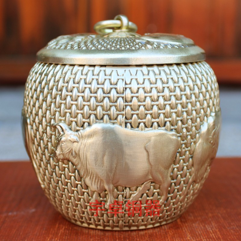 纯铜五牛罐 黄铜储物罐茶叶罐收藏罐存钱罐家居装饰工艺品摆件