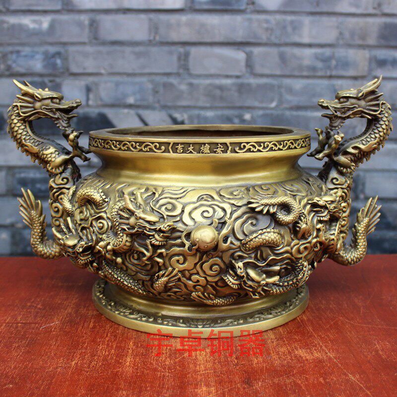 宇卓铜器 纯铜香薰炉 黄铜九龙炉 双耳 龙香炉家居装饰工艺品摆件