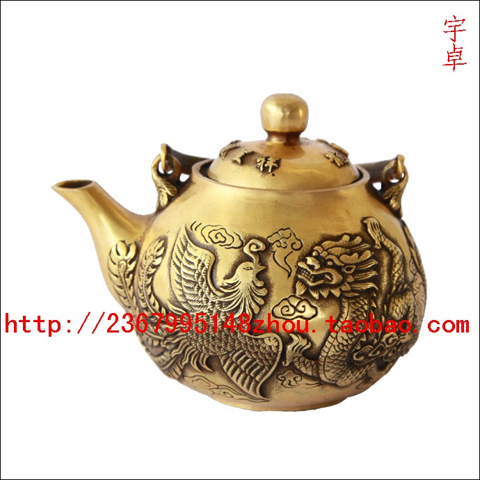 宇卓铜器 铜水壶 铜酒壶 装饰品铜器 龙凤呈祥茶壶摆件 家居饰品