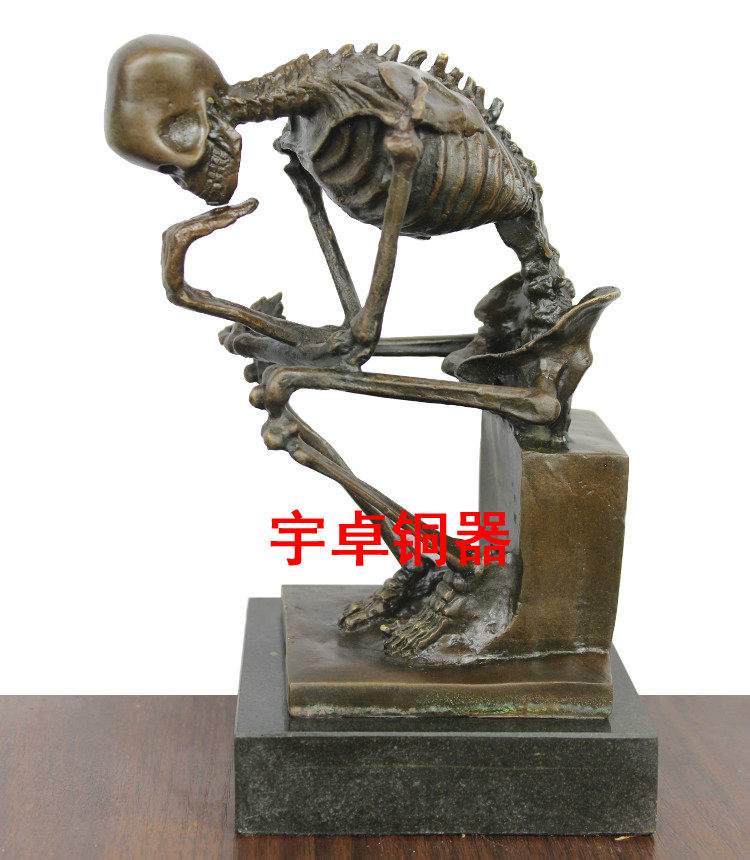 宇卓铜器 纯铜骷髅思考者 黄铜骷髅架子工艺品 造型摆件 家居装饰