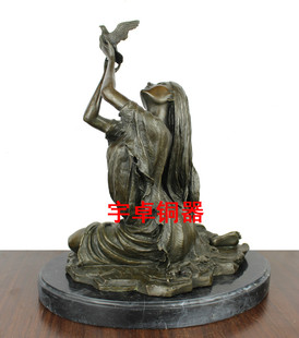 宇卓铜器 纯铜欧式人物 坐姿扶鸟印第安人 印第安人 美女铜雕摆件