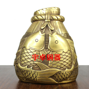 宇卓铜器 纯铜鲤鱼鱼篓摆件黄铜连年有余鱼罐子摆件存钱罐