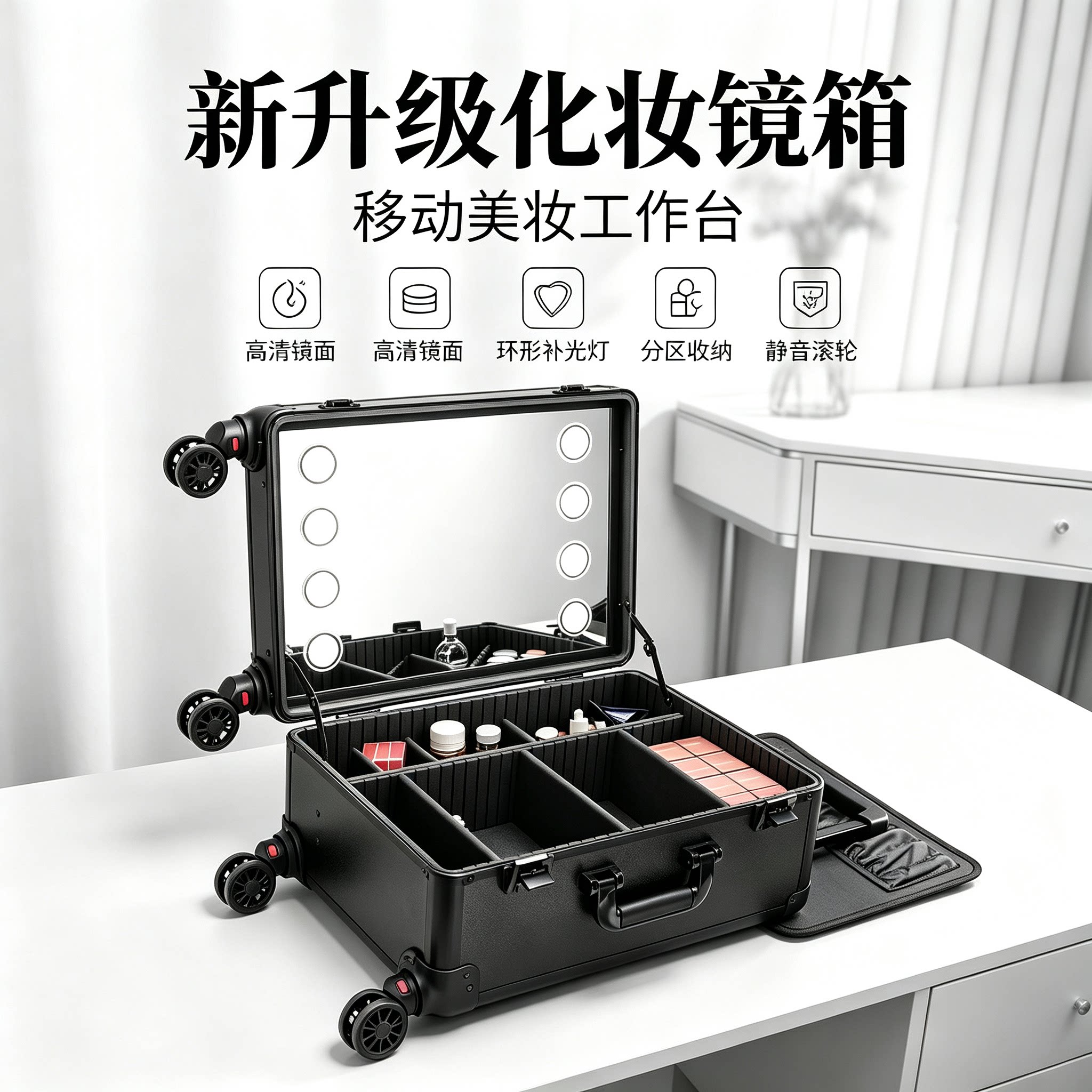 带灯化妆箱专业跟妆师拉杆带镜18寸20充电化妆培训新娘跟妆化妆师