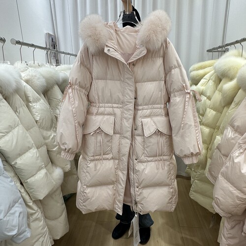 2025冬季新款纯色气质中长款修身收腰显瘦保暖羽绒服蝴蝶结狐狸毛
