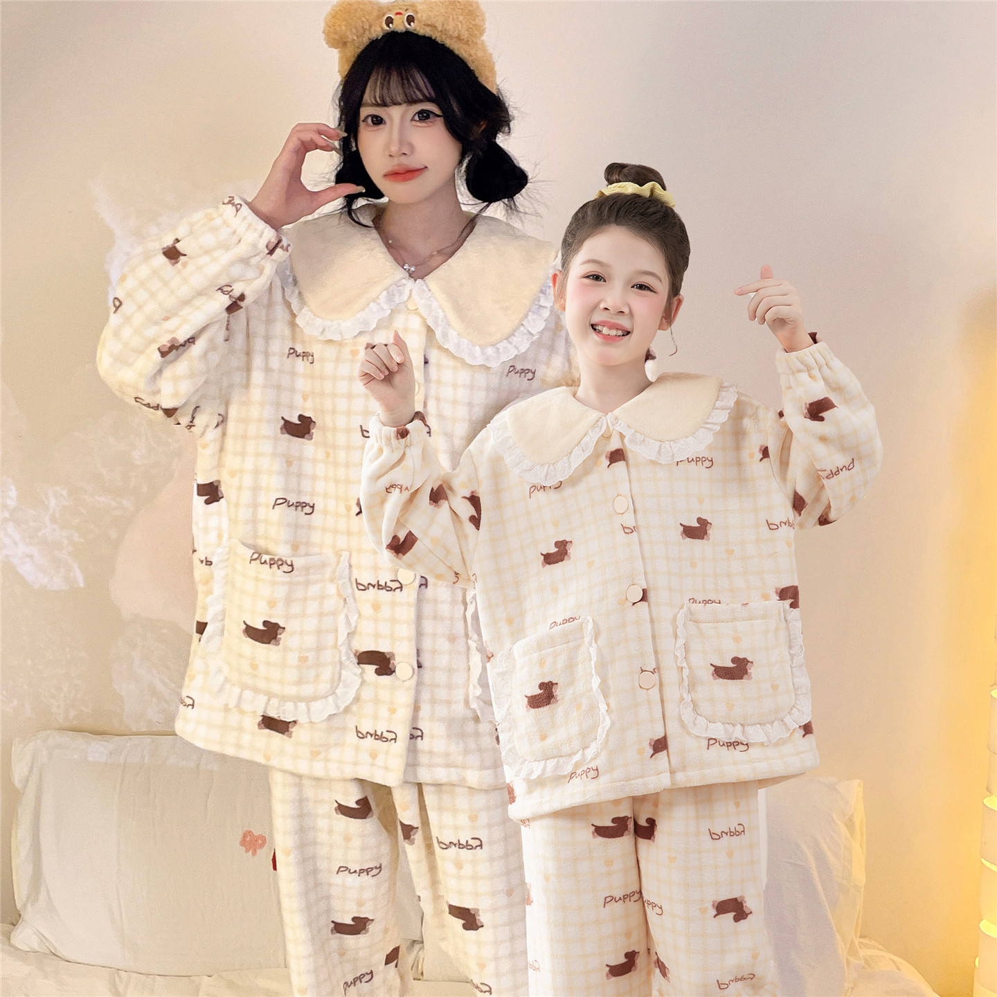 女童珊瑚绒睡衣秋冬季加厚加绒儿童中大童甜美可爱母女亲子家居服