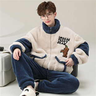 2026年新款青少年睡衣男秋冬季加厚珊瑚绒大童男孩初中学生家居服