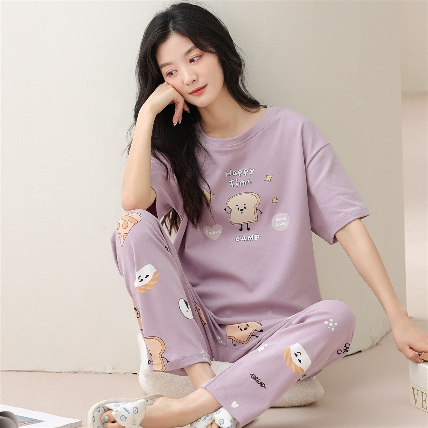 睡衣女款纯棉短袖长裤卡通女孩中大童初中学生夏天薄款家居服套装