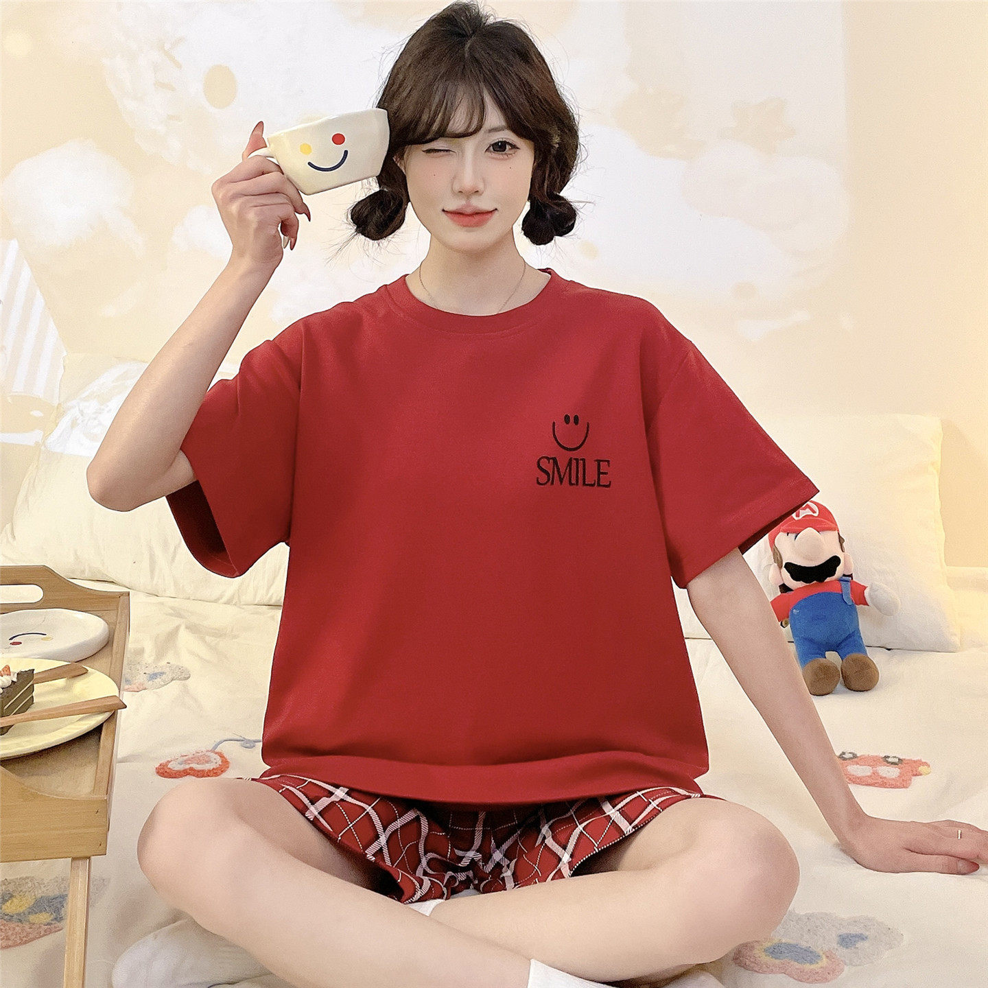 睡衣女士夏季薄款短袖纯棉大童女孩学生红色喜庆家居服套装12岁15
