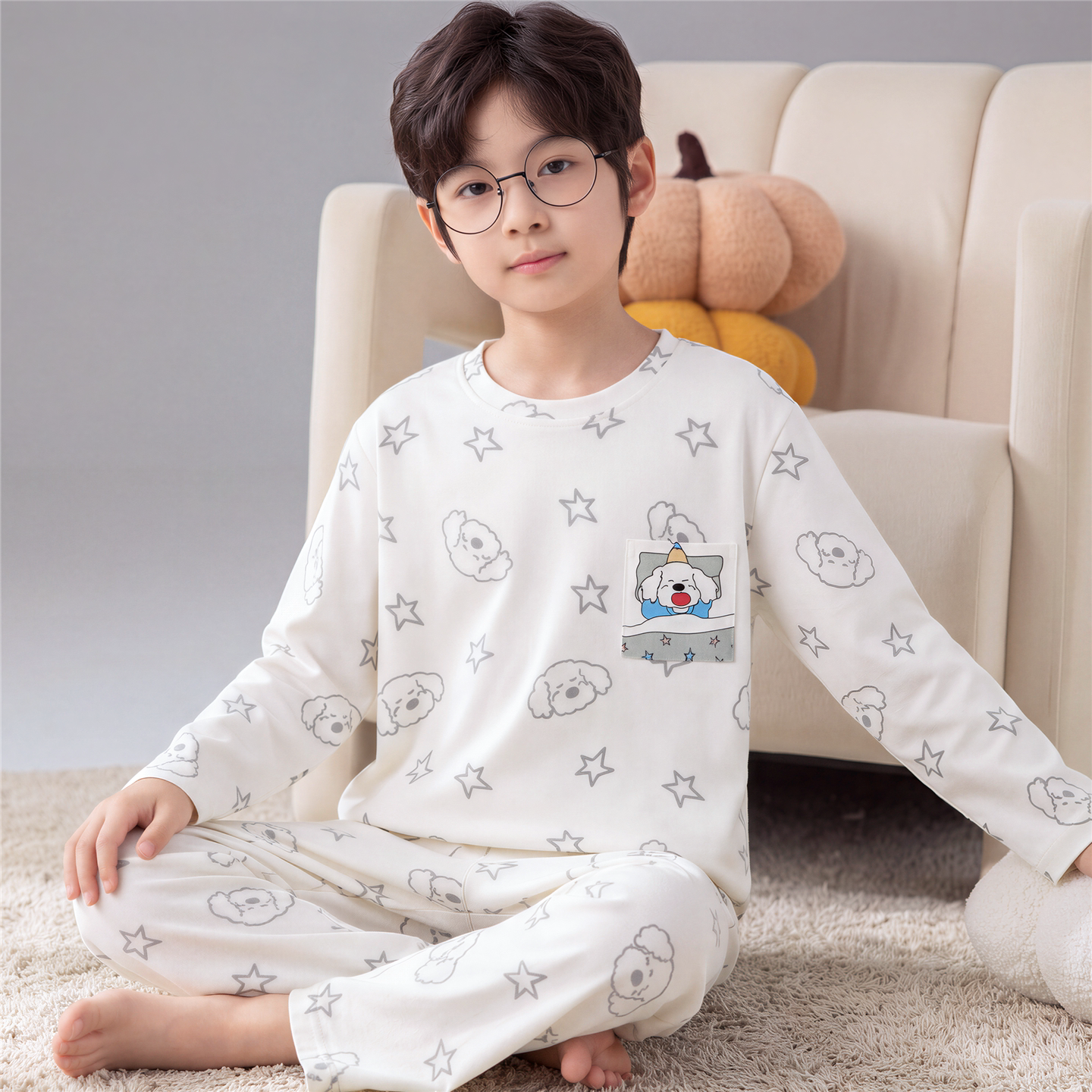 儿童睡衣男童纯棉长袖春秋季男孩中大童青少年韩版简约家居服套装
