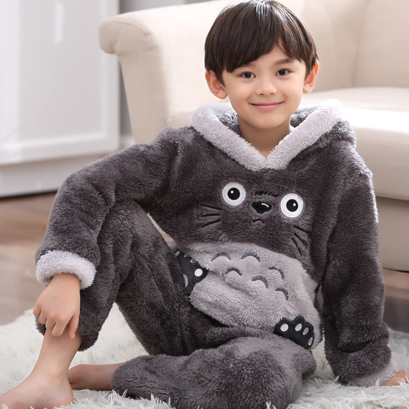 儿童睡衣冬季法兰绒男童加厚珊瑚绒男孩中大童小孩龙猫家居服套装