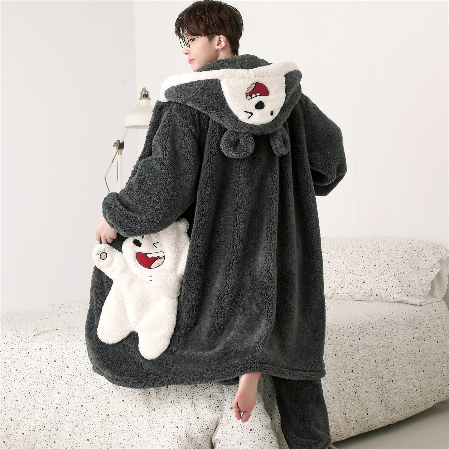 睡衣男秋冬季加厚珊瑚绒男孩青少年学生法兰绒保暖睡袍家居服套装