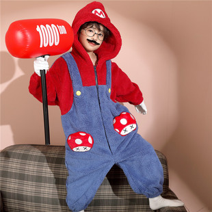 男童连体睡衣秋冬季珊瑚绒可爱卡通儿童中大童男孩加厚加绒家居服