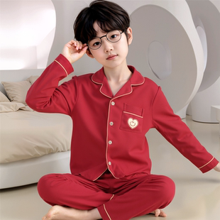 儿童睡衣男童春秋季纯棉长袖开衫中大童男孩红色本命年家居服套装