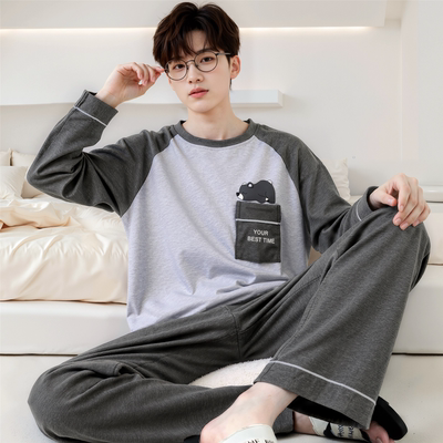 睡衣男春秋季长袖纯棉大童男孩青少年高中学生韩版简约家居服套装