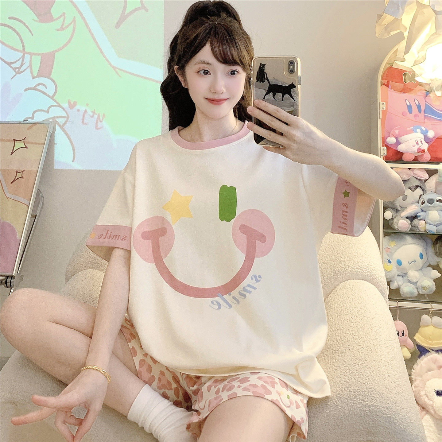女士睡衣夏季薄款短袖纯棉大童女孩学生全棉大码家居服套装12岁15